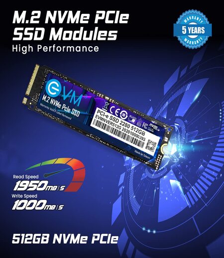 EVM 512GB Internal SSD - M.2 NVMe PCIe (2280) - High-Speed Performance Up to 1950MB/s Read & 1000MB/s Write Speed with Low Power Consumption - Compatible with Gaming PCs & High-Performance Workstations-5 Year Warranty (EVMNV/512GB)