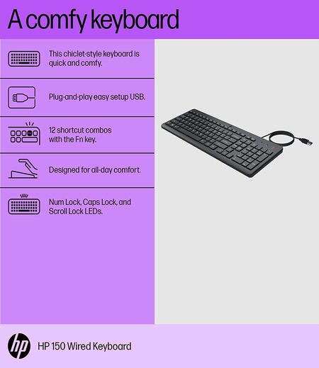 HP 150 Wired Keyboard, Quick, Comfy and Ergonomically Design, 12Fn Shortcut Keys, Plug and Play USB Connection and LED Indicator, 3 Years Warranty