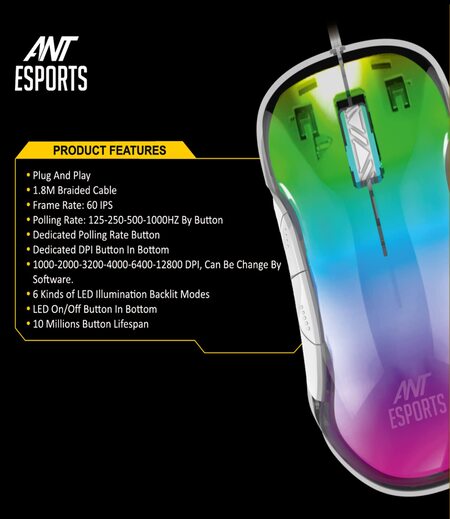 Ant Esports GM610 7D Crystal Full RGB Gaming Mouse, Instant 825 Chip, 7 Adjustable DPI Up to 12800, Lightweight Mouse, 7 Buttons, Ergonomic Gamer Mice for Windows/Laptop/PC/Mac OS- White