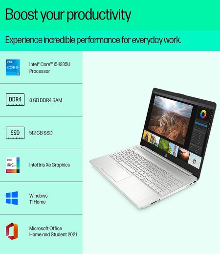 HP Laptop 15s, 12th Gen Intel Core i5-1235U, 15.6-inch (39.6 cm), FHD, 8GB DDR4, 512GB SSD, Intel Iris Xe Graphics, Backlit KB, Thin & Light (Win 11, MSO 2021, Silver, 1.69 kg), fq5111TU