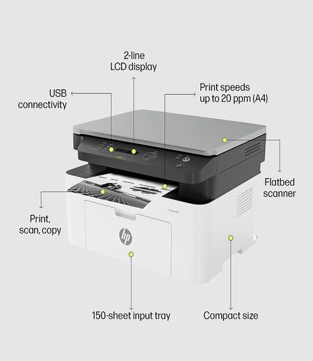 HP Laserjet 1188a Laser Monochrome Print, Scan, Copy with USB Connectivity, Compact Design, Fast Printing