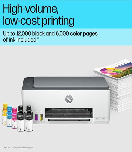 HP Smart Tank 520 All-in-one Colour Printer with 1 Extra Black Ink Bottle (Upto 12000 Black and 6000 Colour Prints) and 1 Year Extended Warranty with PHA Coverage. -Print, Scan & Copy for Office/Home