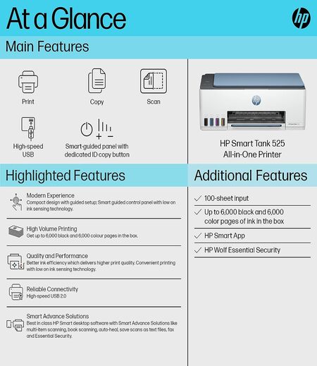 HP Smart Tank 525 All-in-one Colour Printer (Upto 6000 Black and 6000 Colour Pages Included in The Box). - Print, Scan & Copy for Office/Home