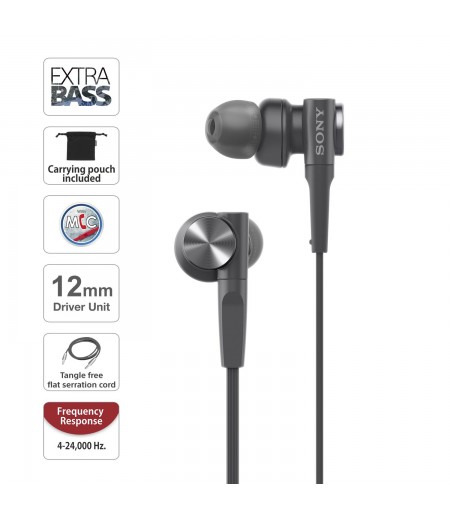 Sony MDR-XB55AP Wired Extra Bass in-Ear Headphones with Tangle Free Cable, 3.5mm Jack, Headset with Mic for Phone Calls and 1 Year Warranty - (Black)