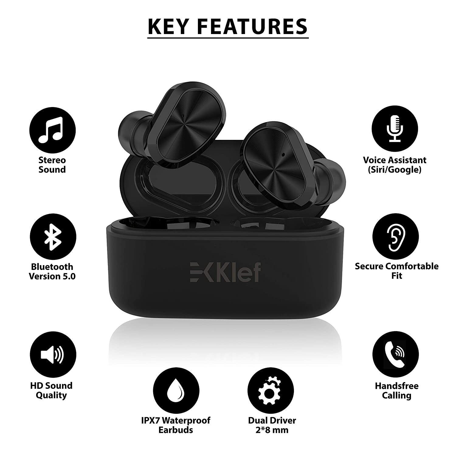 Klef TWS True Wireless IPX7 Bluetooth 5.0 in-Ear Headphones/Headset/Earphones with handsfree mic (Matt Black)-M000000000384 www.mysocially.com