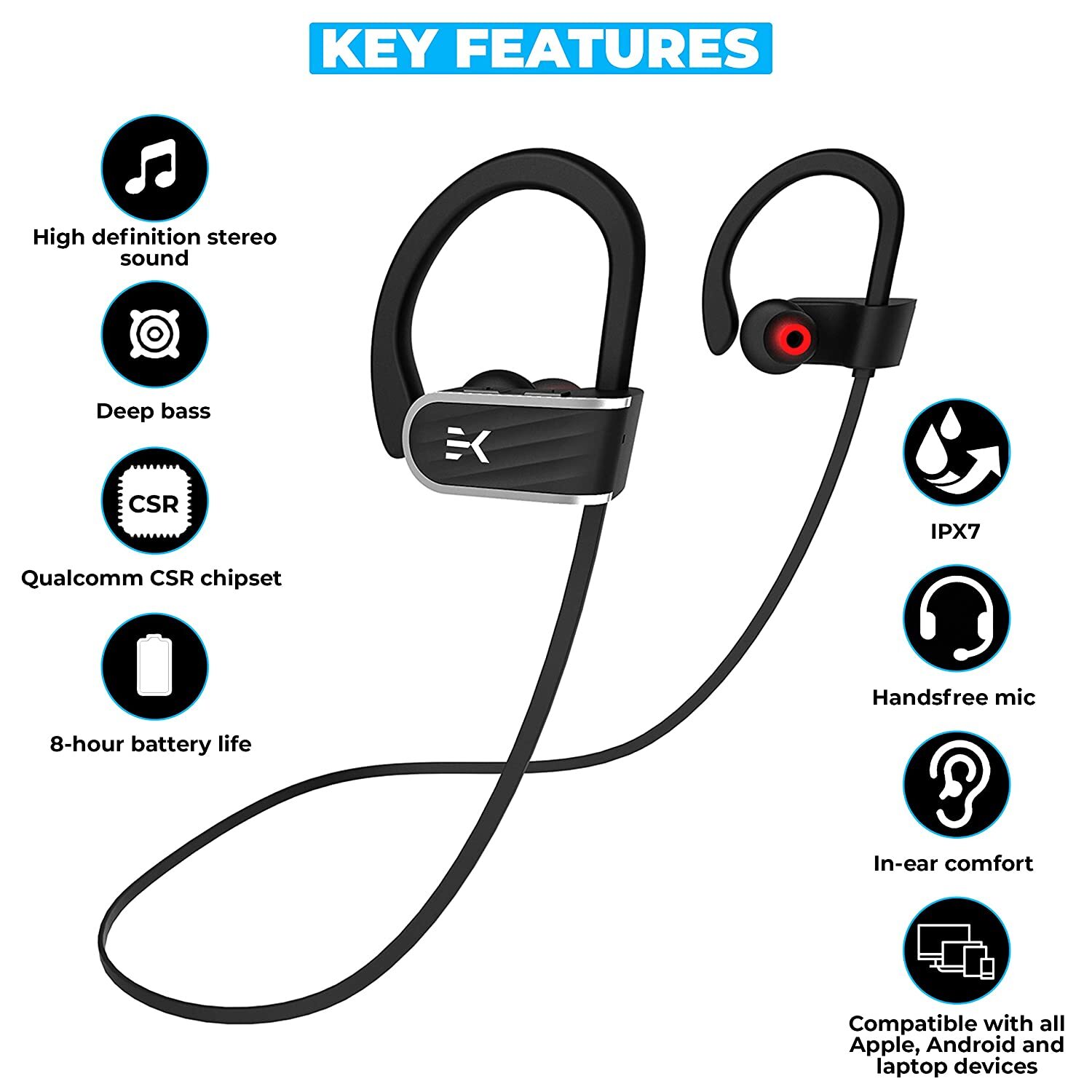 Klef X2 Wireless Bluetooth Headphones/Headset/Earphones with HD Quality Sound, Long Battery Life, Handsfree Mic and Free Travel Pouch/Carry Case (Black) | Waterproof Headphone - Rated IPX 7-M000000000387 www.mysocially.com