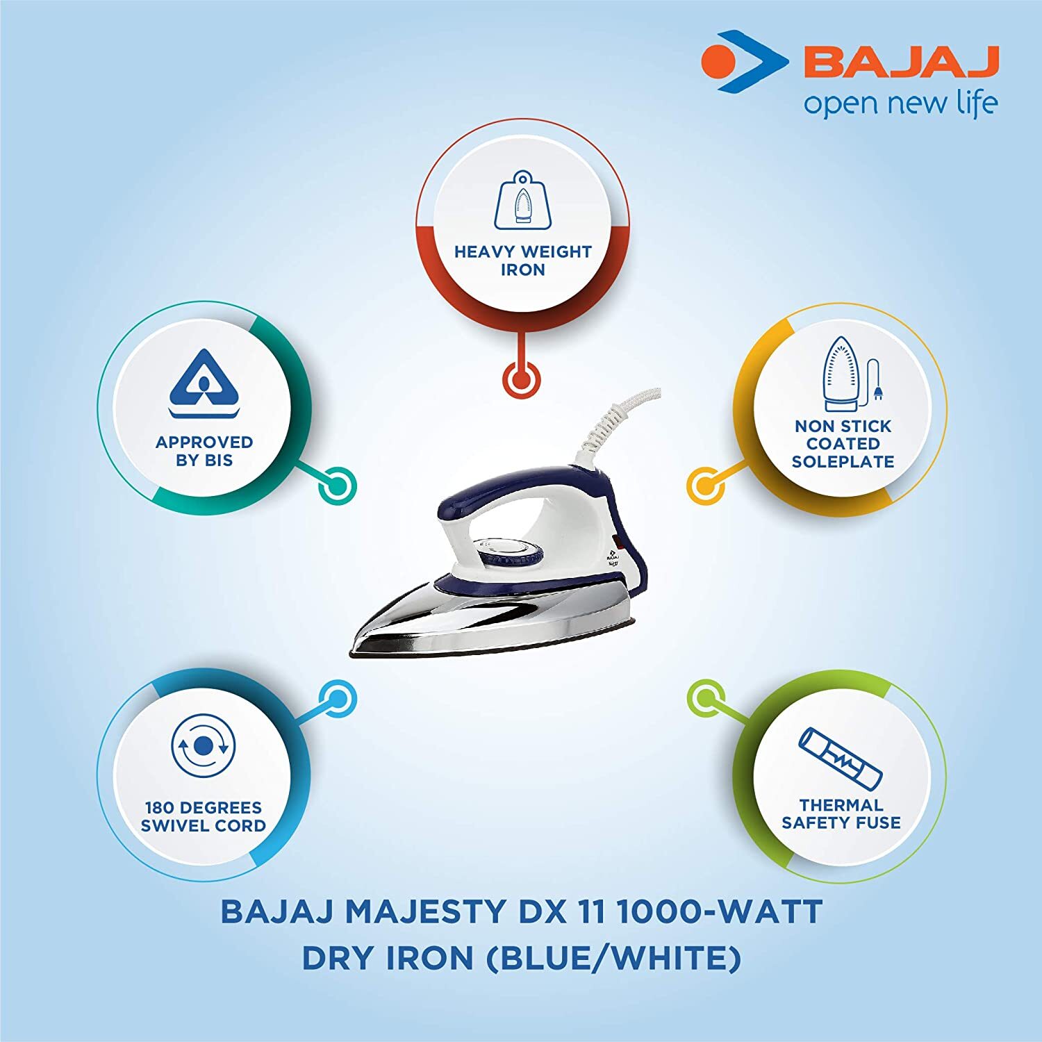 Bajaj Majesty DX 11 1000-Watt Dry Iron in Blue/White color-M000000000405 www.mysocially.com