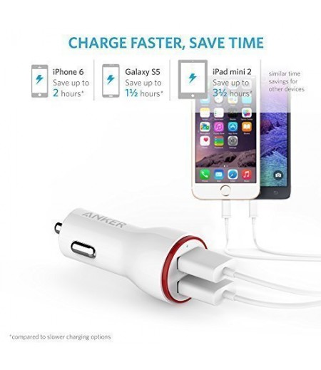 Anker 24W Dual USB PowerDrive 2 Car Charger with 3ft Micro USB to USB Cable, in White shade