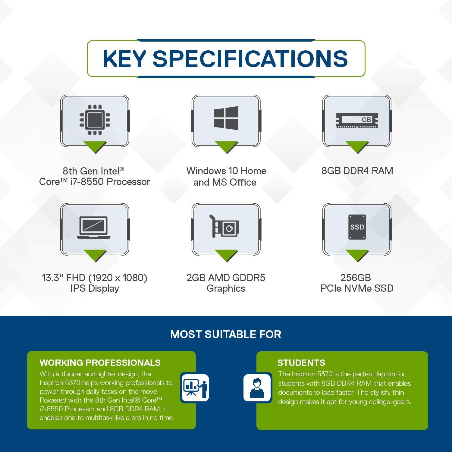 Dell Inspiron 5370 13.3-inch FHD Laptop (Core i7-8550U/8GB/256GB/Windows 10 + MS Office/2GB Graphics/Silver)-M000000000509 www.mysocially.com