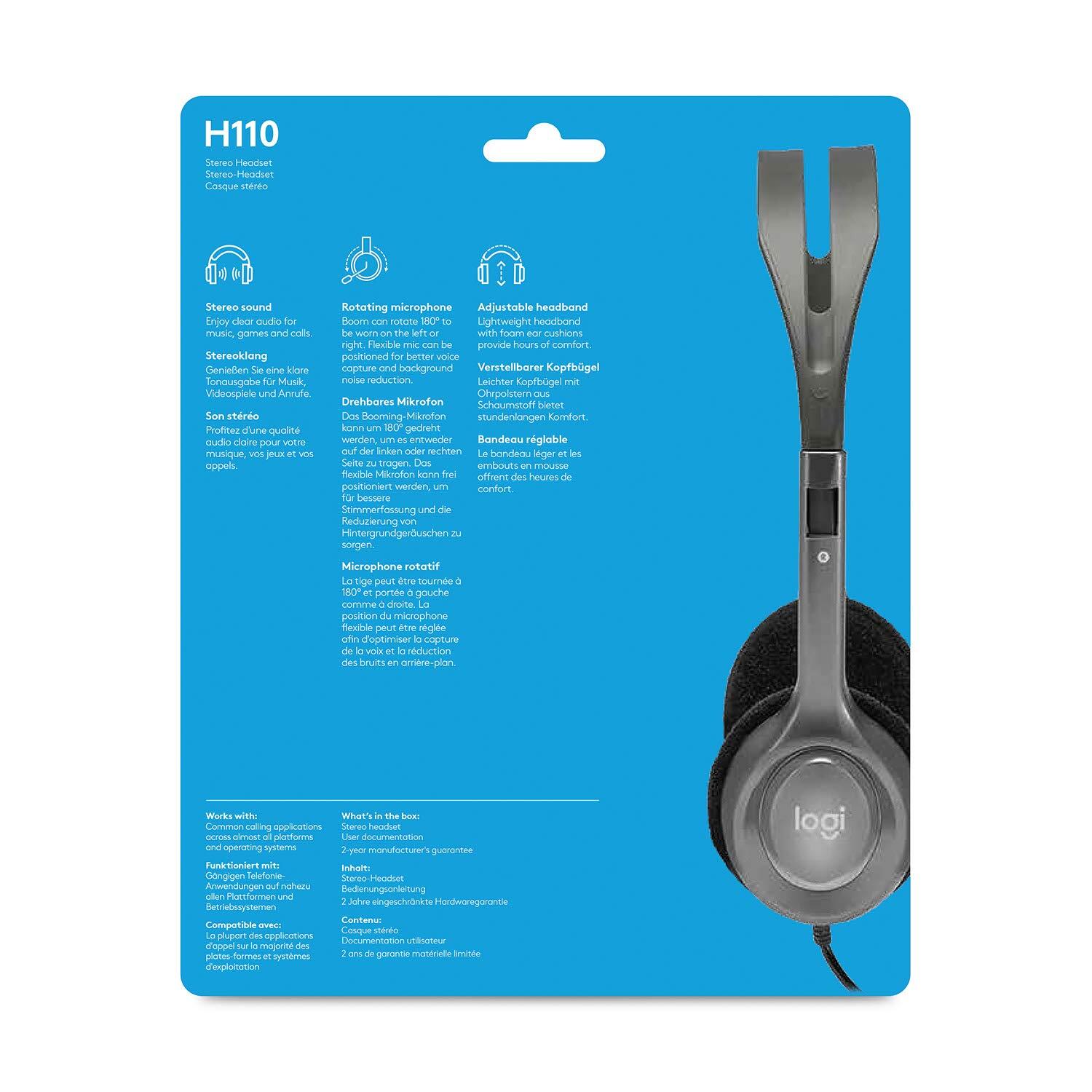 Logitech H110 Wired Stereo Headphone with 3.5mm Dual Audio Jack and Rotating Microphone